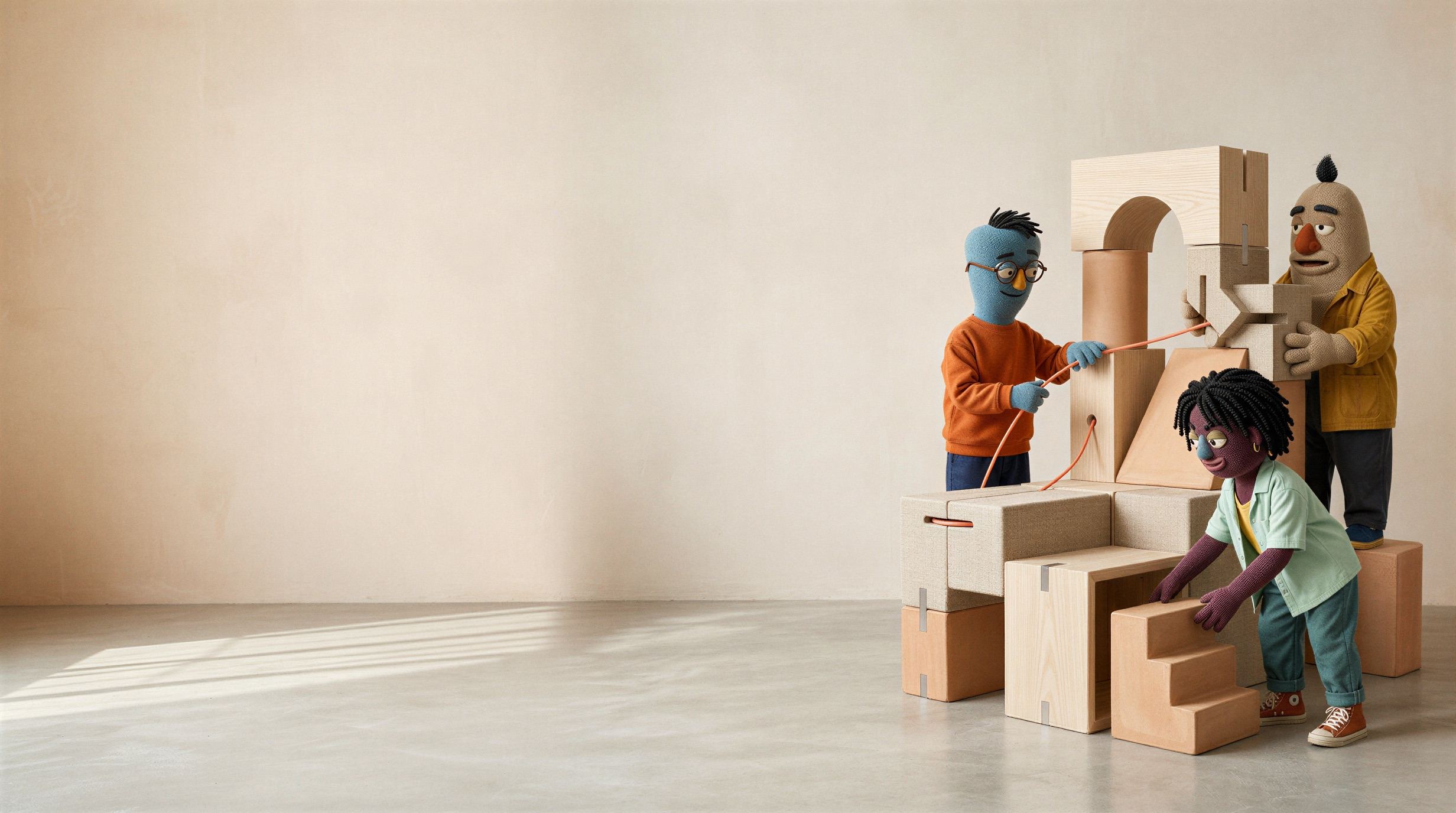 Three handcrafted textile characters assembling a modular structure from geometric blocks