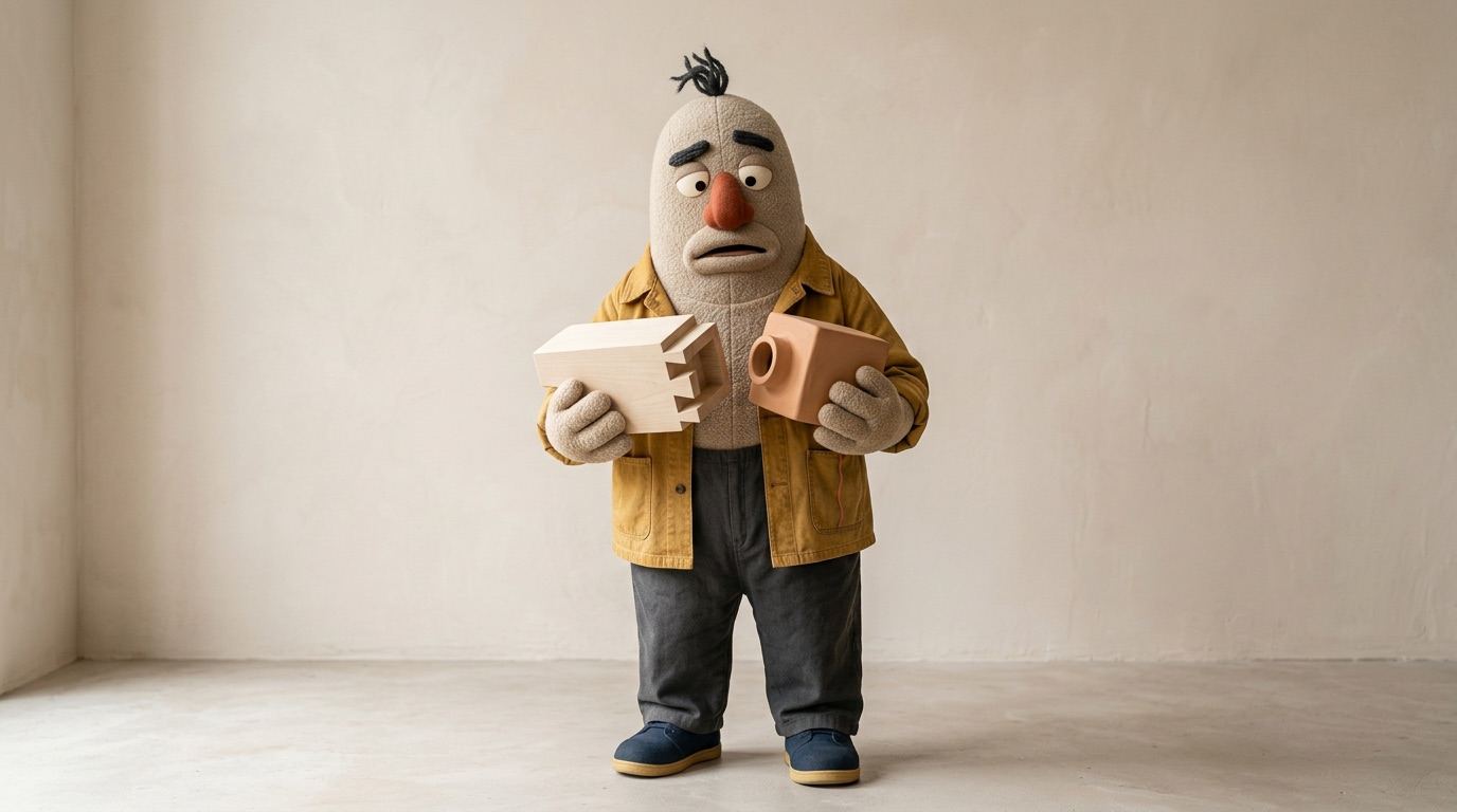 A weary textile character in a mustard jacket holding two well-made blocks whose connectors can't fit together