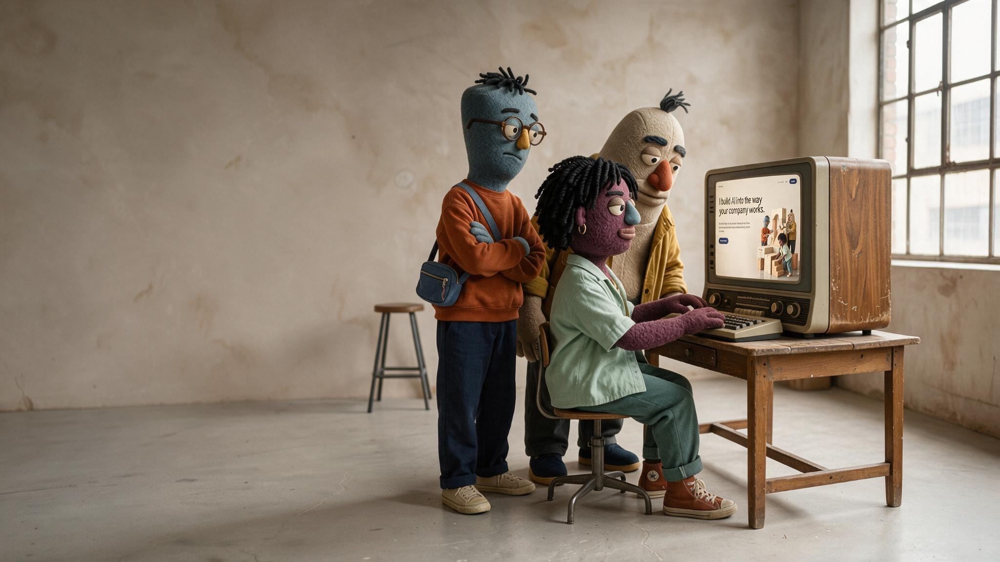 Three textile characters gathered around a vintage monitor showing this website
