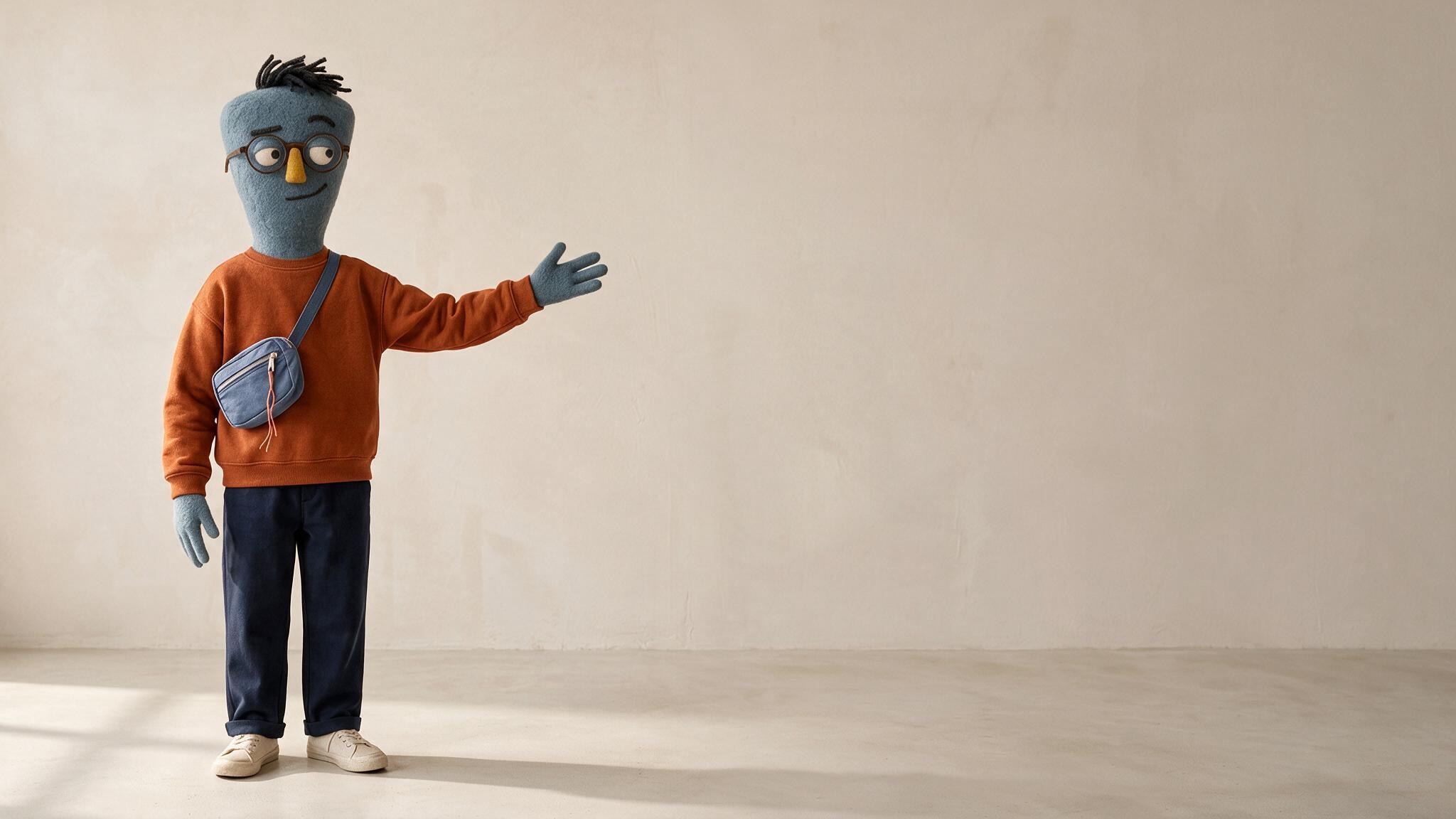 A friendly textile character with glasses presenting with an open hand