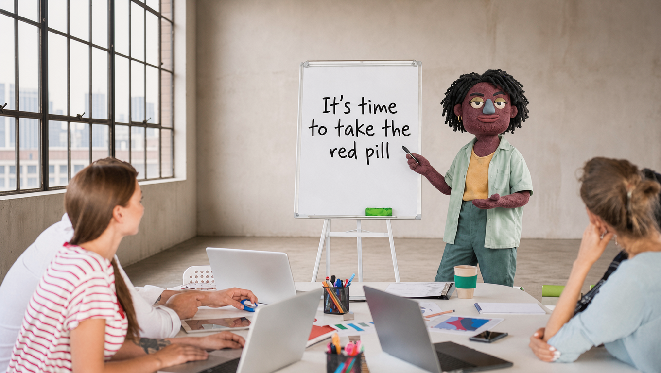דמות טקסטיל מציגה לוח מחיק שעליו כתוב “It’s time to take the red pill” לצוות סביב שולחן